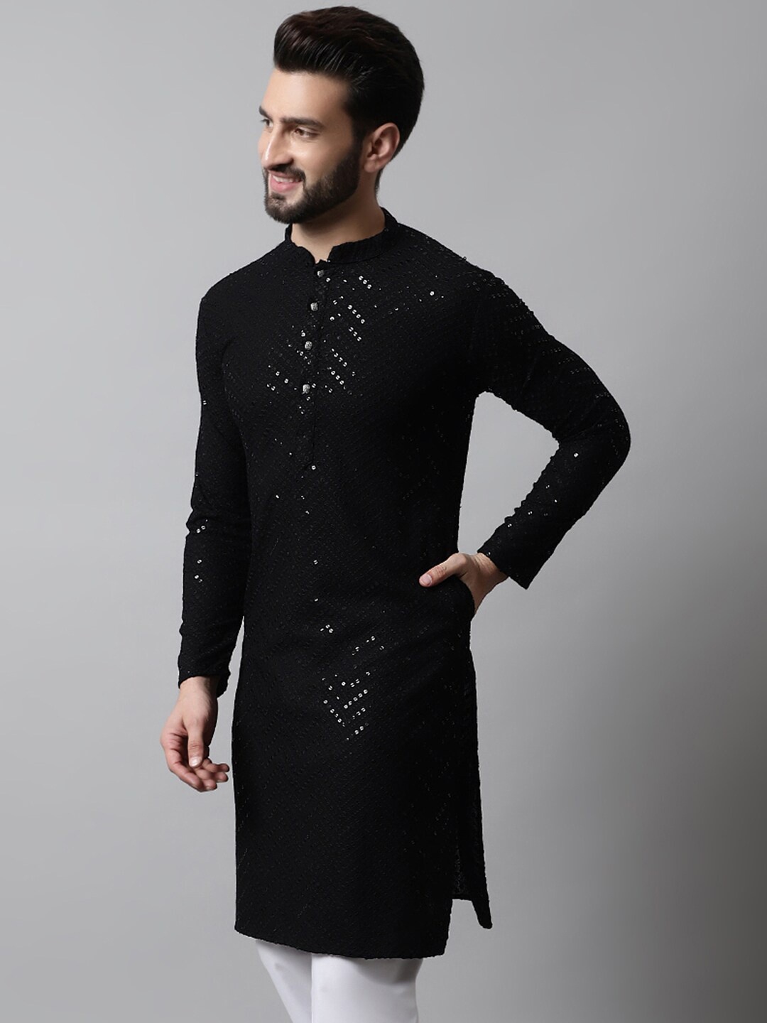 

Jompers Embroidered Mandarin Collar Sequined Pure Cotton Straight Kurta, Black