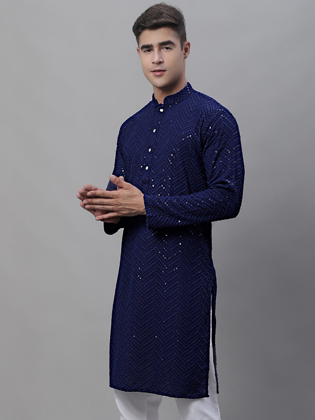 

Jompers Embroidered Mandarin Collar Sequined Pure Cotton Straight Kurta, Navy blue