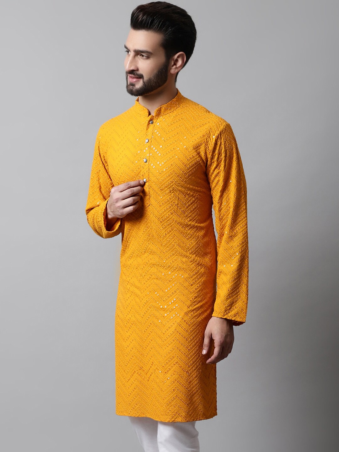 

Jompers Embroidered Mandarin Collar Sequined Pure Cotton Straight Kurta, Mustard