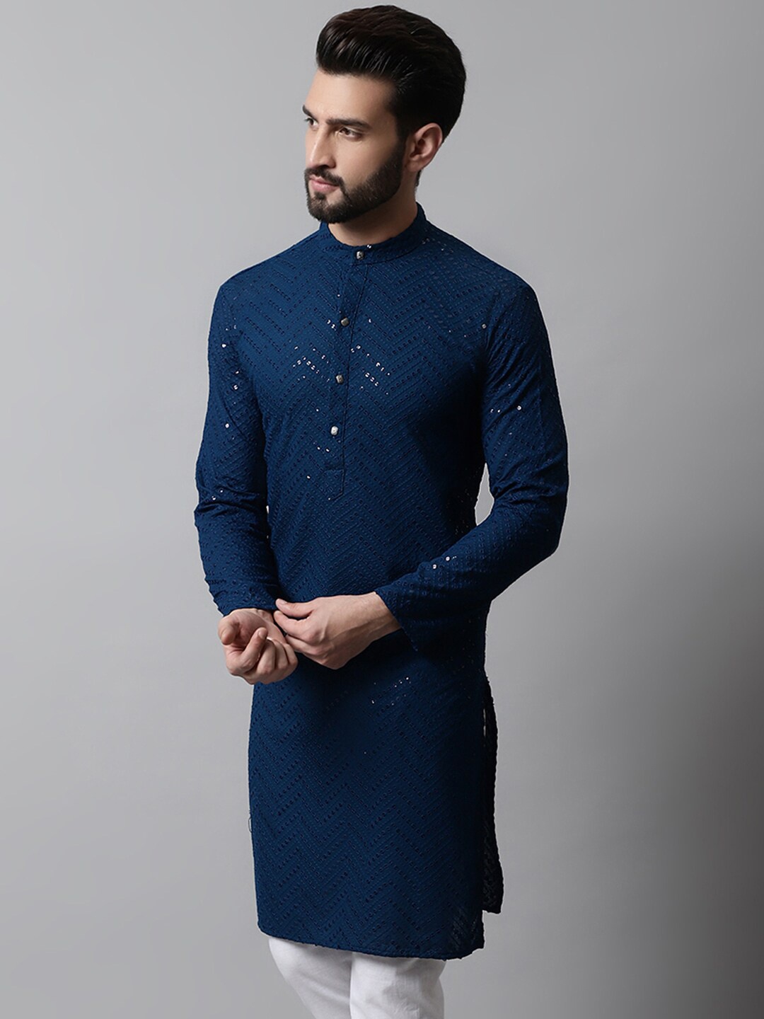 

Jompers Embroidered Mandarin Collar Sequined Pure Cotton Straight Kurta, Teal