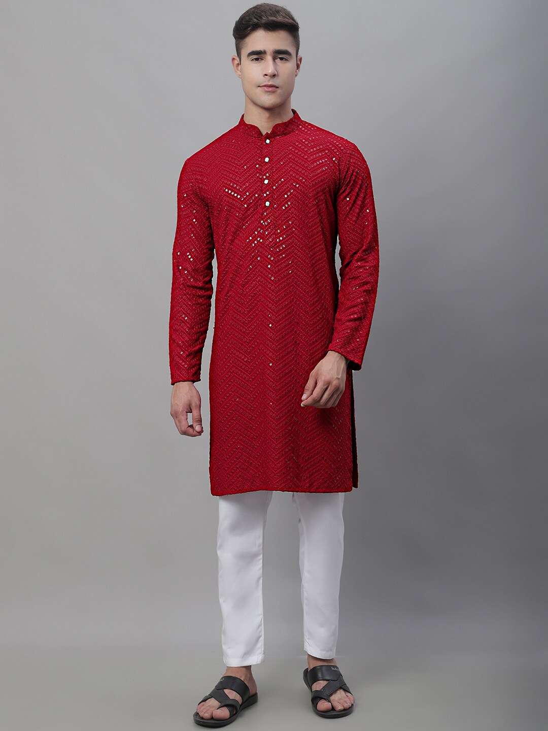 

Jompers Embroidered Mandarin Collar Sequined Pure Cotton Straight Kurta, Red
