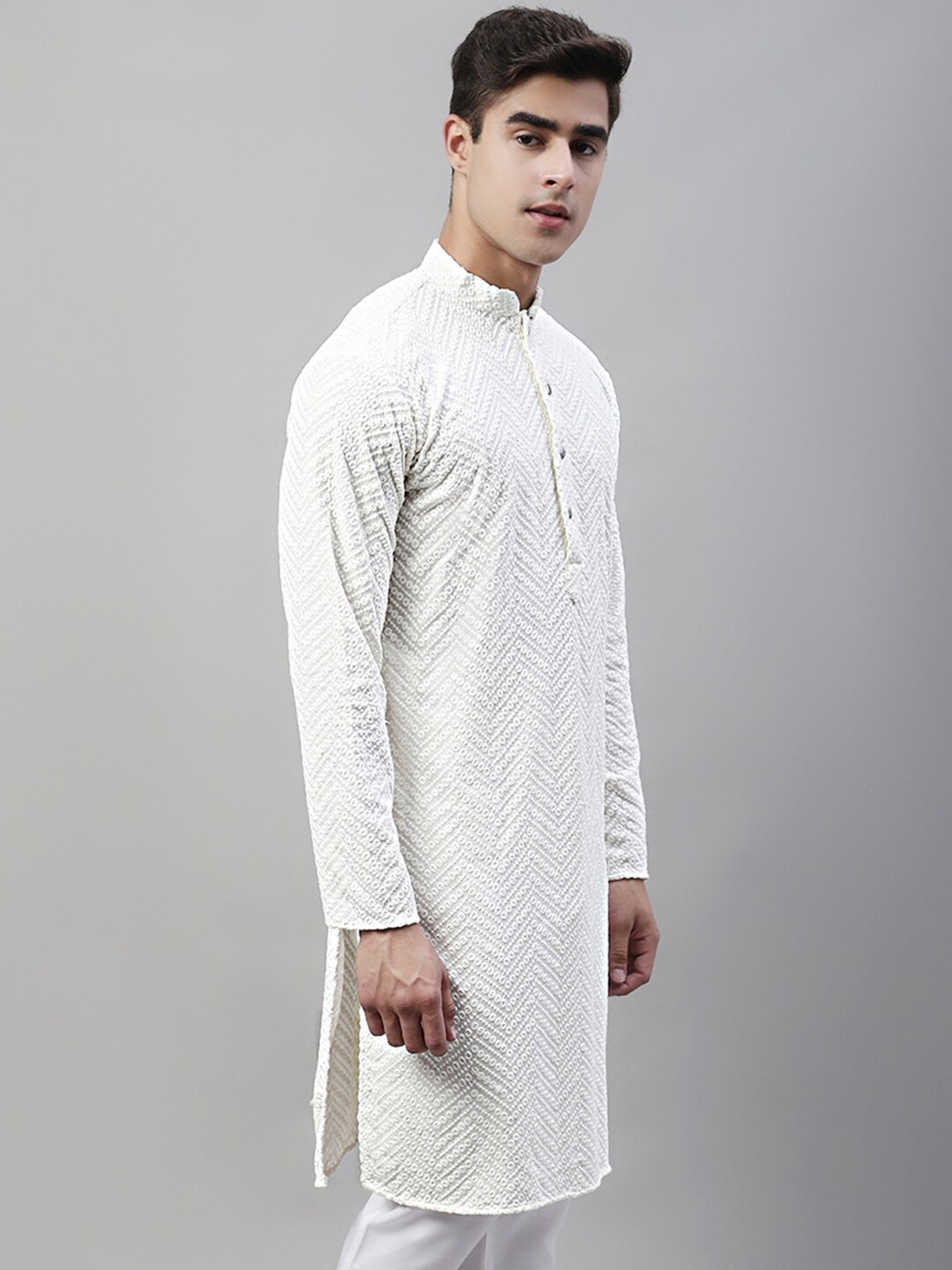 

Jompers Embroidered Band Collar Thread Work Pure Cotton Straight Kurta, White