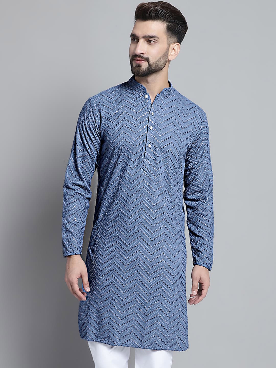 

Jompers Embroidered Mandarin Collar Sequined Pure Cotton Straight Kurta, Grey