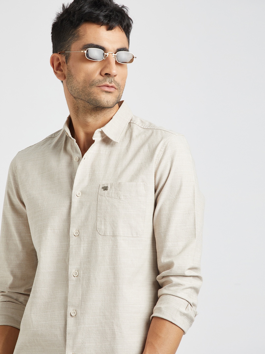 

THE BEAR HOUSE Slim Fit Pure Cotton Casual Shirt, Beige