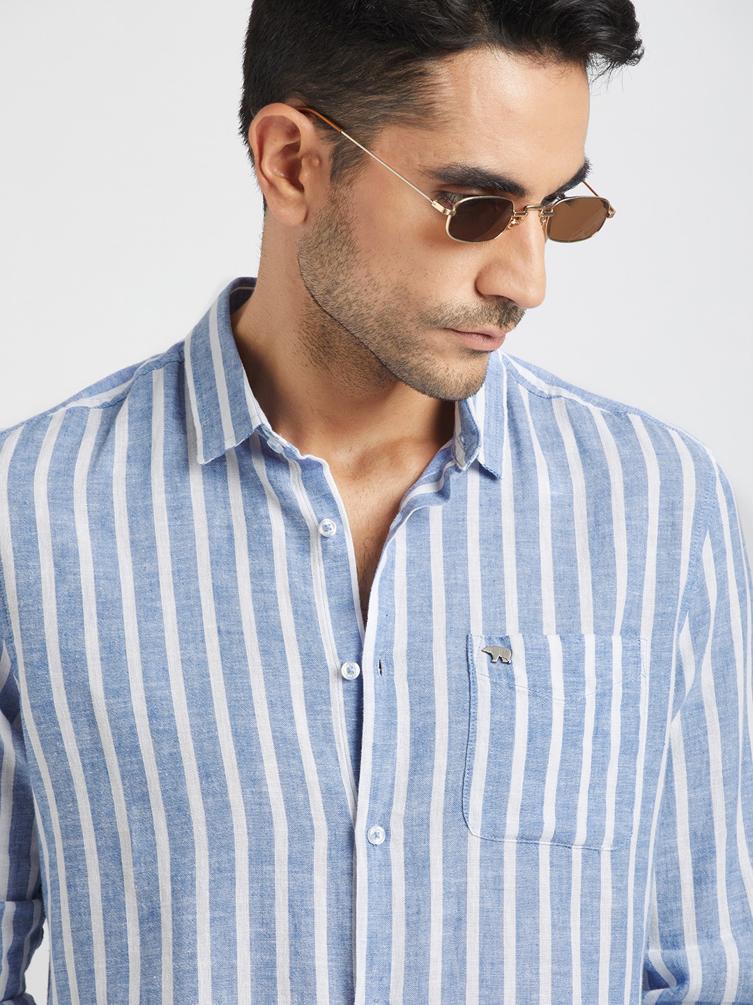 

THE BEAR HOUSE Men Striped Slim Fit Comfort Cotton Linen Casual Shirt, Blue
