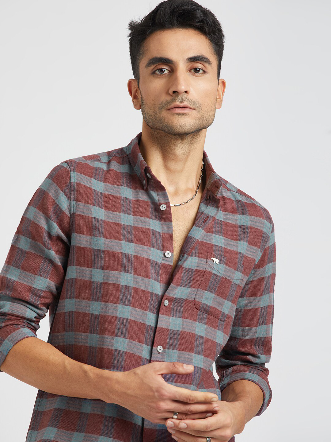

THE BEAR HOUSE Buffalo Checked Pure Cotton Casual Shirt, Maroon