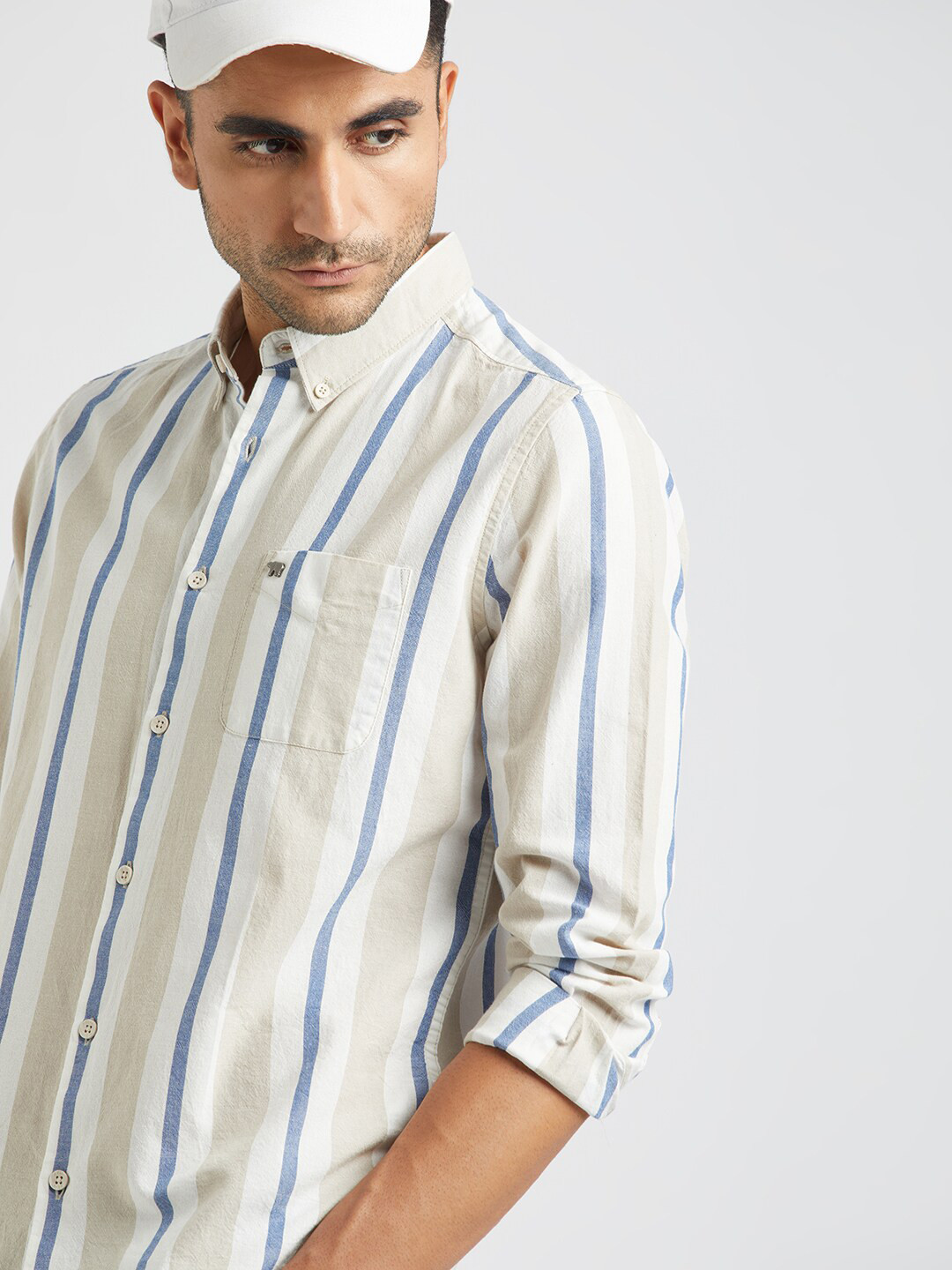 

THE BEAR HOUSE Vertical Striped Pure Cotton Casual Shirt, Beige