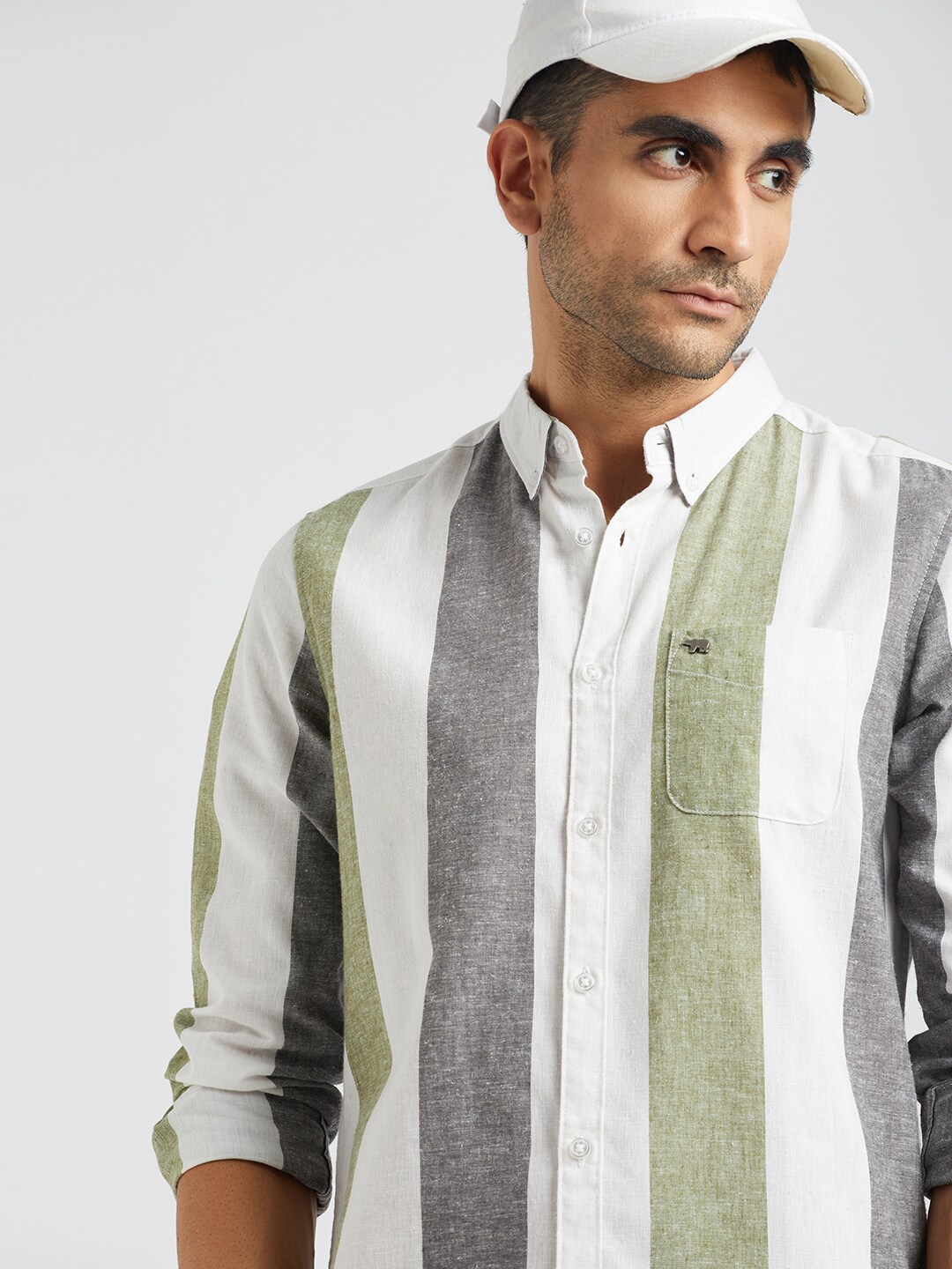

THE BEAR HOUSE Vertical Striped Cotton Casual Shirt, White