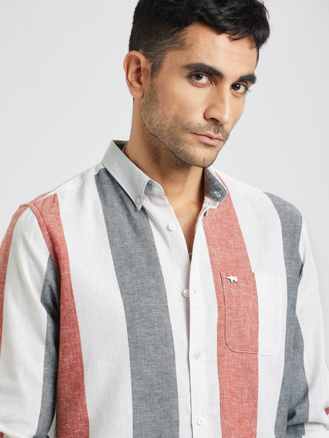 

THE BEAR HOUSE Vertical Striped Cotton Casual Shirt, White