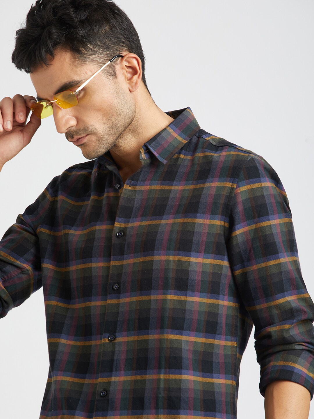 

THE BEAR HOUSE Tartan Checked Pure Cotton Casual Shirt, Black