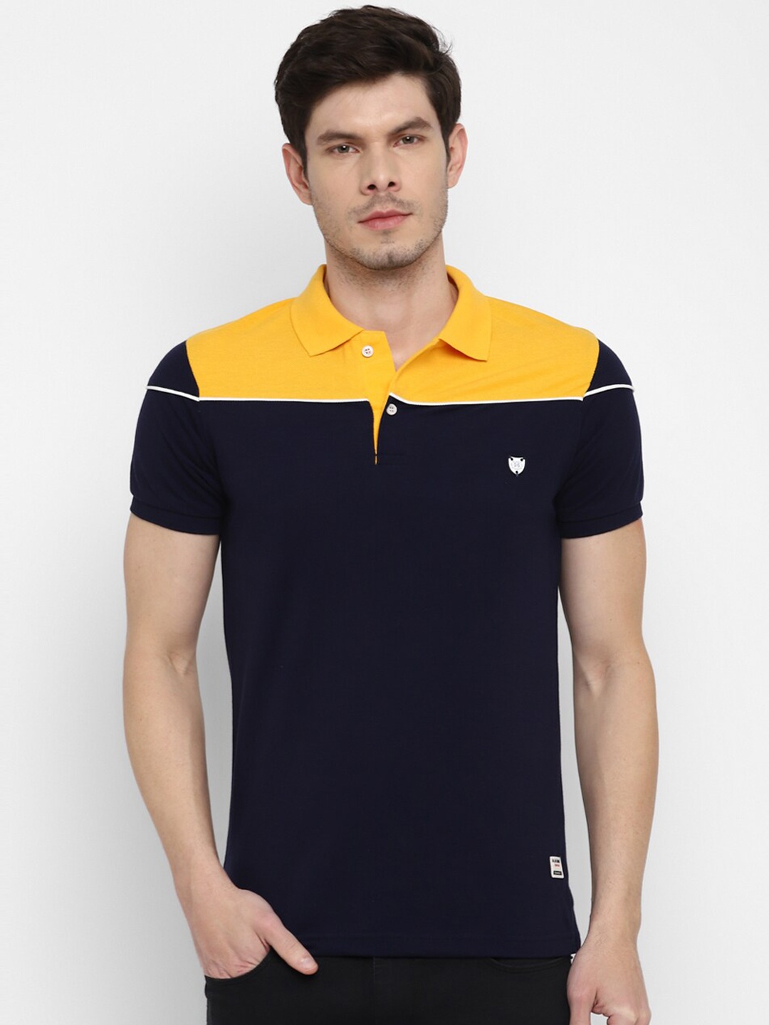 

Alan Jones Colourblocked Polo Collar Cotton Slim Fit T-shirt, Navy blue