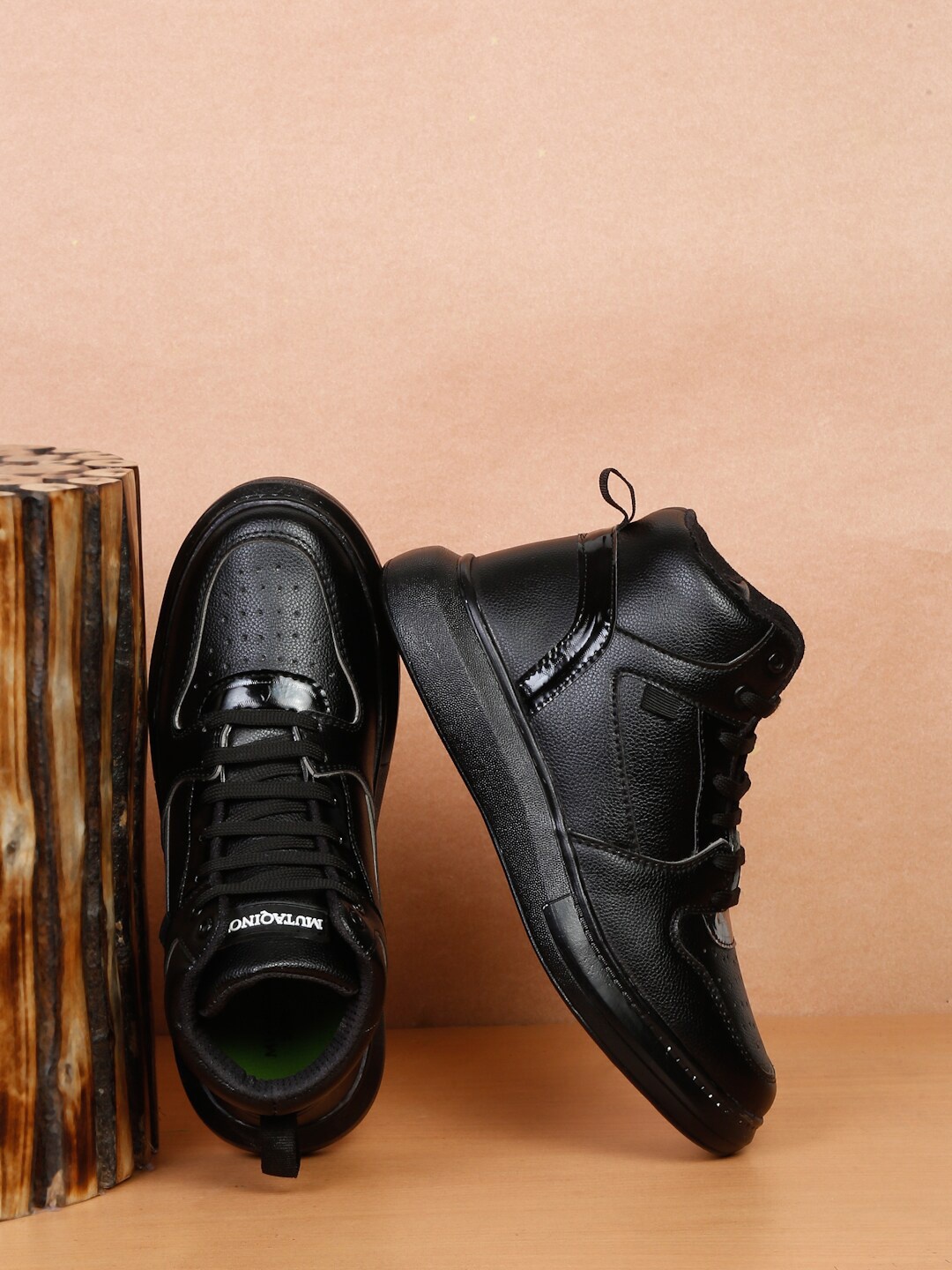 

MUTAQINOTI Men Textured Lightweight Mid-Top Sneakers, Black