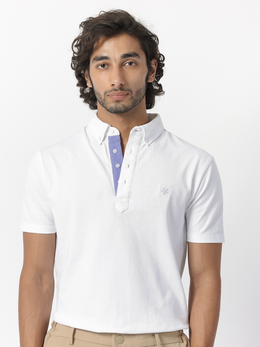 

RARE RABBIT Men Herval Button Down Collar Slim Fit Cotton T-Shirt, White