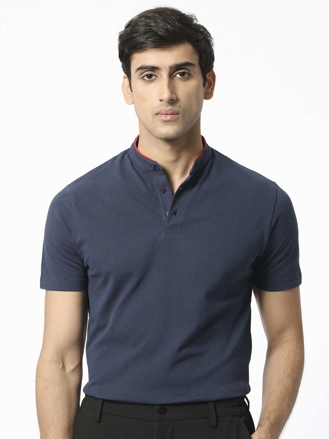 

RARE RABBIT Men Barrie Band Collar Slim Fit Cotton T-Shirt, Navy blue