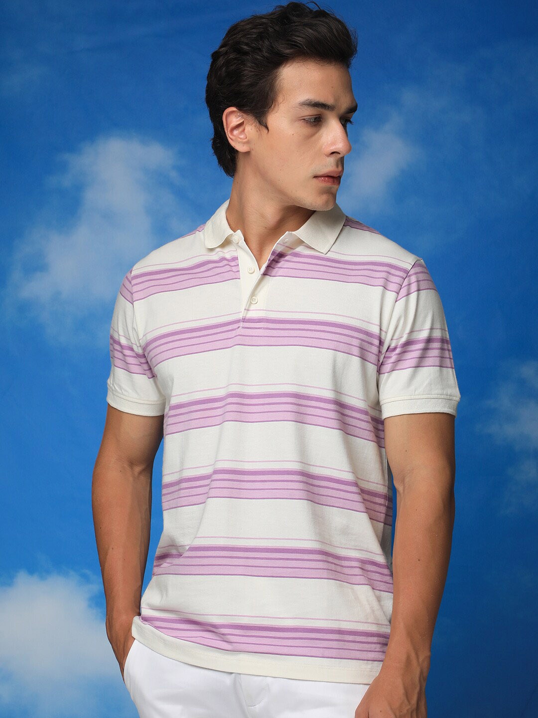 

RARE RABBIT Striped Polo Collar Slim Fit Cotton T Shirt, White
