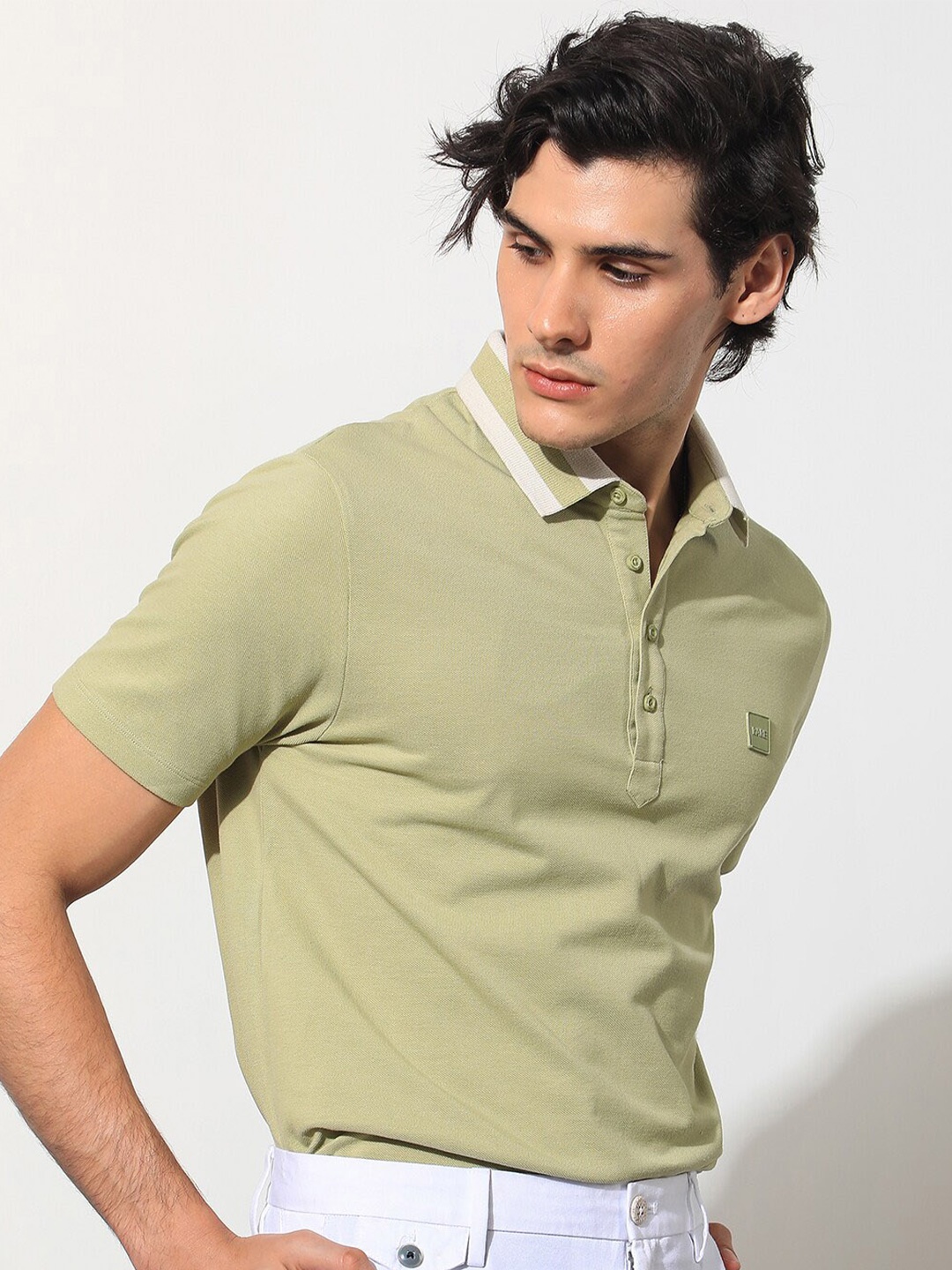 

RARE RABBIT Men Divide Polo Collar Slim Fit Cotton T-Shirt, Green