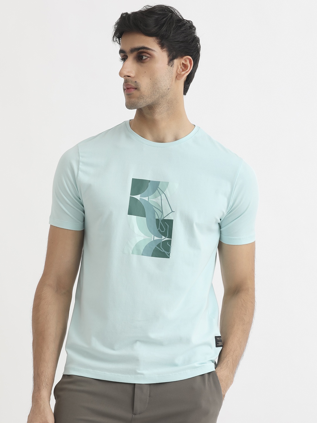 

RARE RABBIT Men Cerulean Graphic Printed Slim Fit Cotton T-Shirt, Turquoise blue