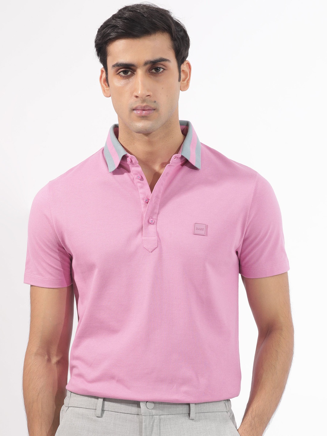 

RARE RABBIT Men Divide Polo Collar Slim Fit Cotton T-Shirt, Pink