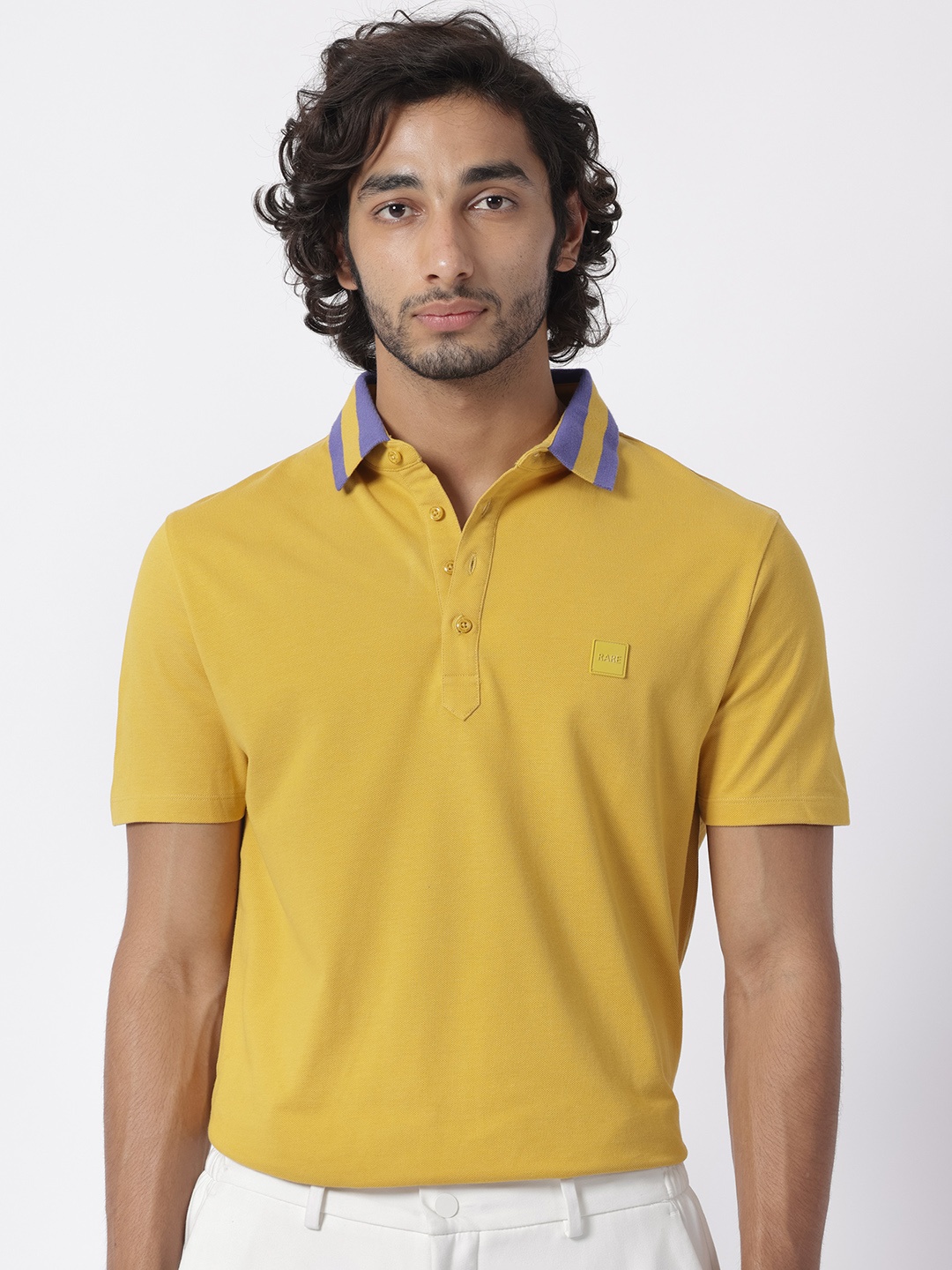 

RARE RABBIT Men Divide Polo Collar Slim Fit Cotton T-Shirt, Mustard