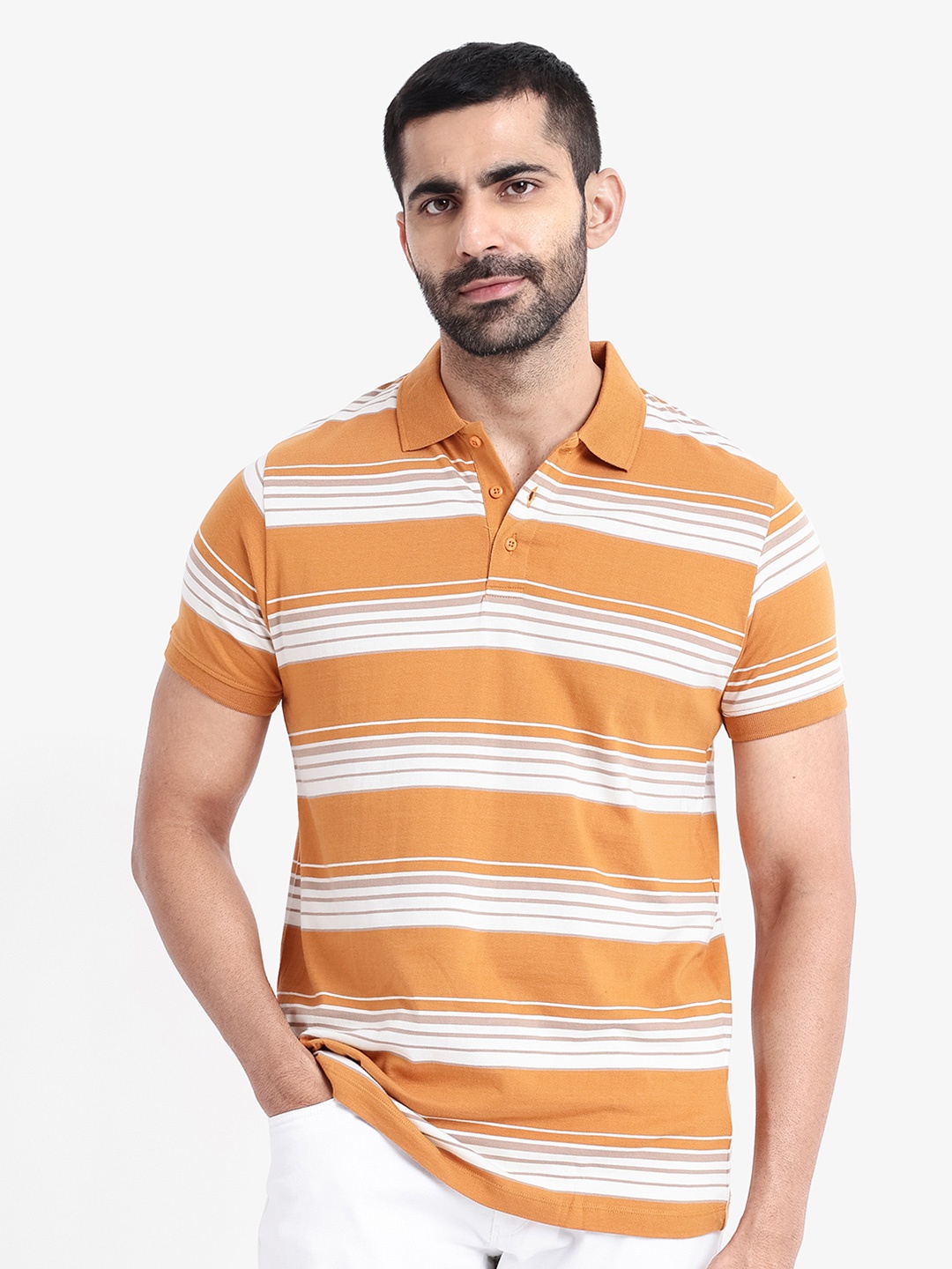 

RARE RABBIT Men Rings-4 Slim Fit Solid Polo Collar T-Shirt, Orange