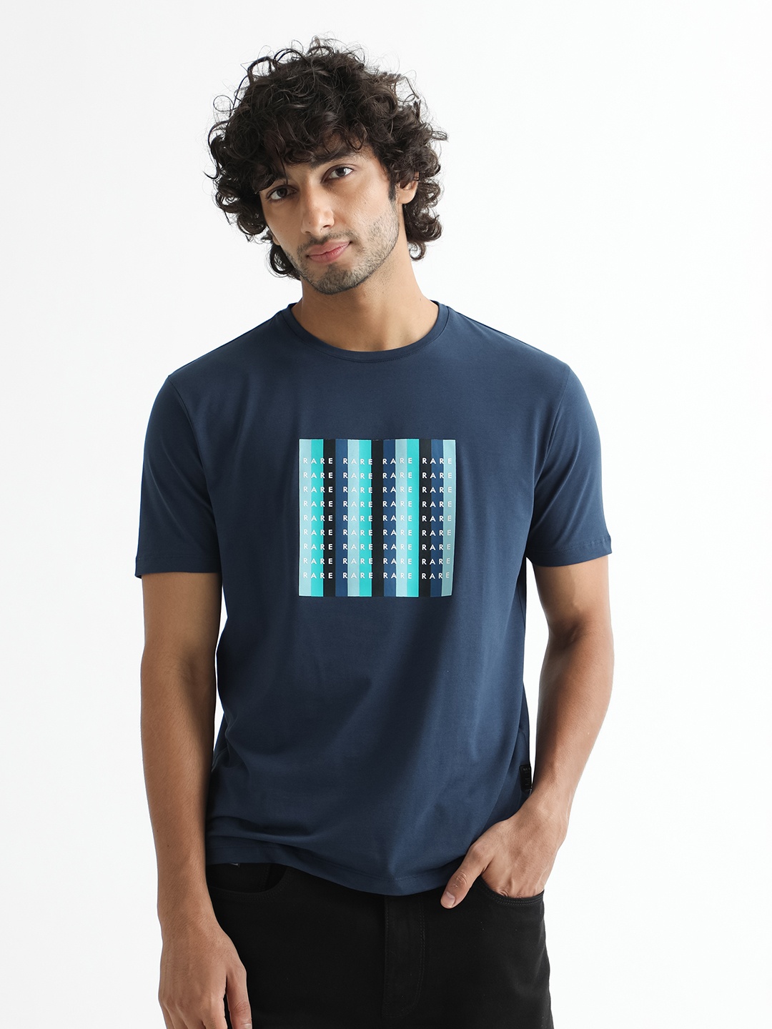 

RARE RABBIT Men Acai Graphic Printed Slim Fit Cotton T-Shirt, Navy blue