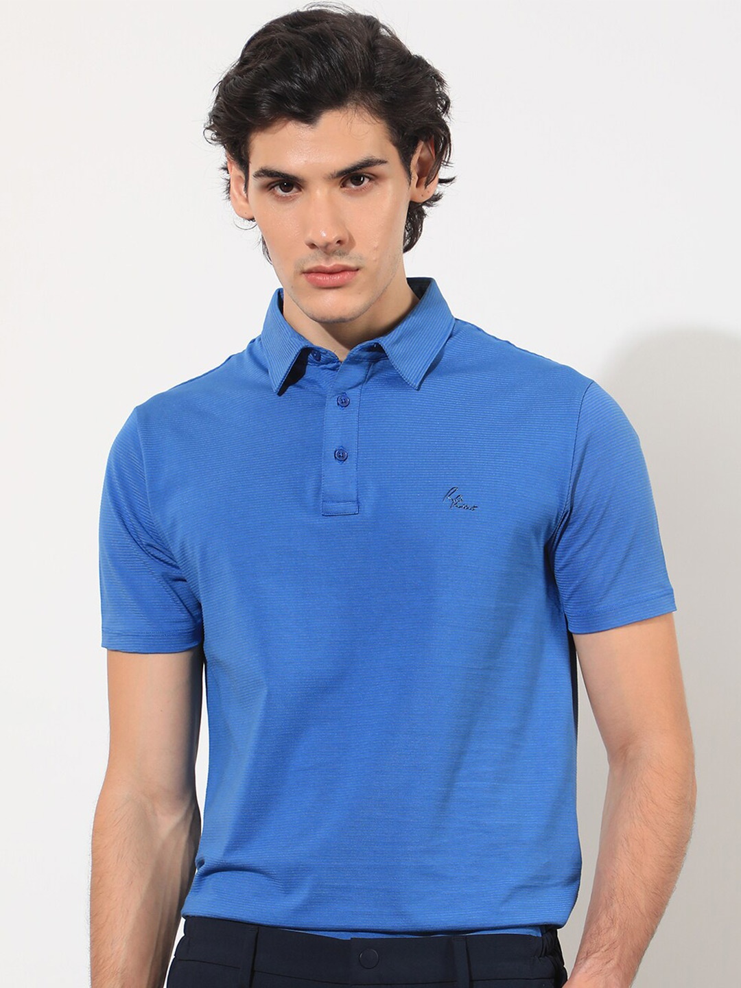 

RARE RABBIT Men Rings-4 Slim Fit Solid Polo Collar T-Shirt, Turquoise blue