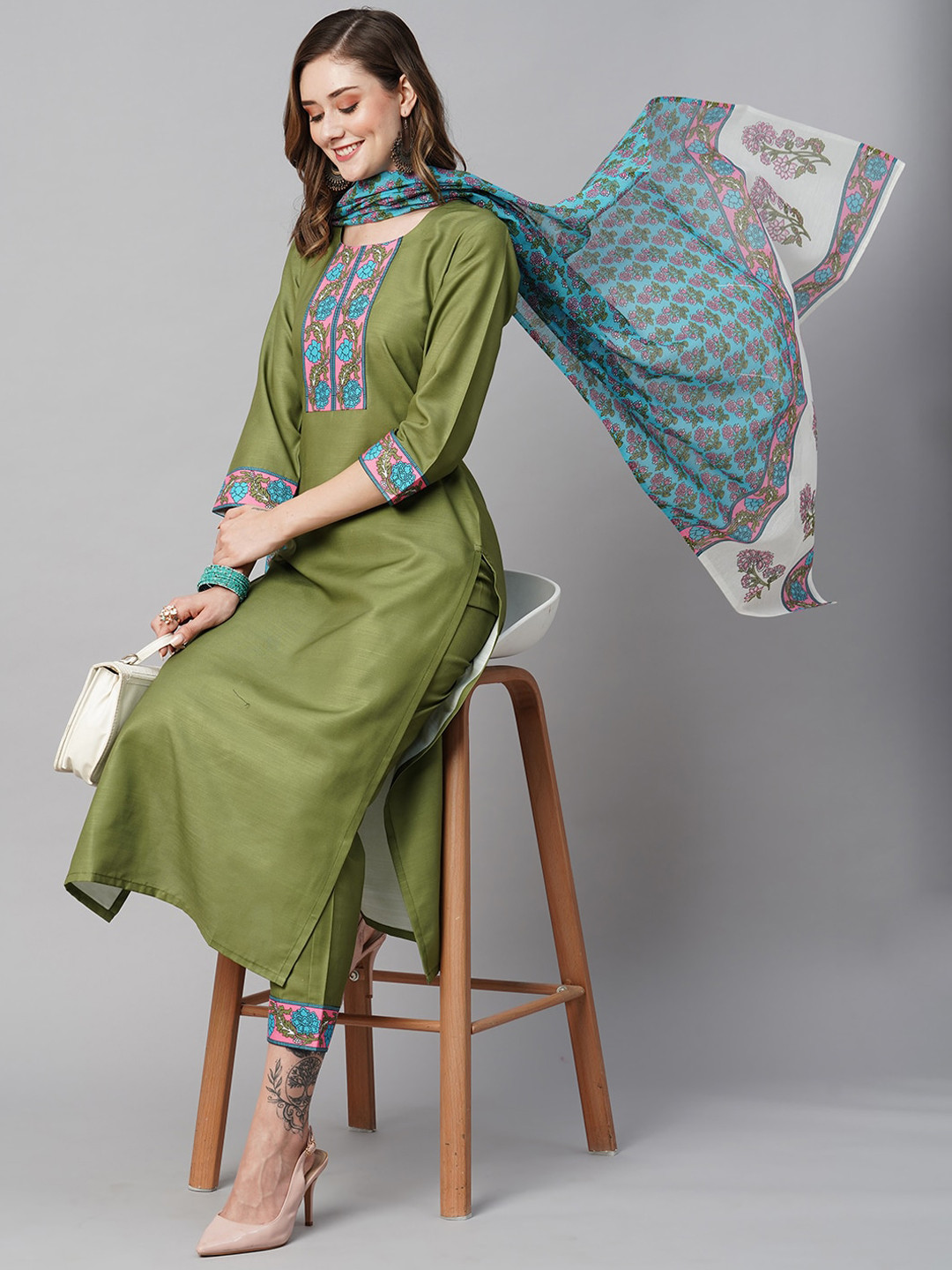 

KALINI Floral Yoke Design Straight Kurta & Trousers With Dupatta, Green