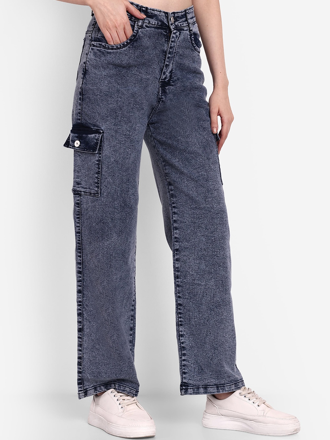 

BROADSTAR Women Smart Wide Leg High-Rise Heavy Fade Stretchable Cotton Jeans, Navy blue