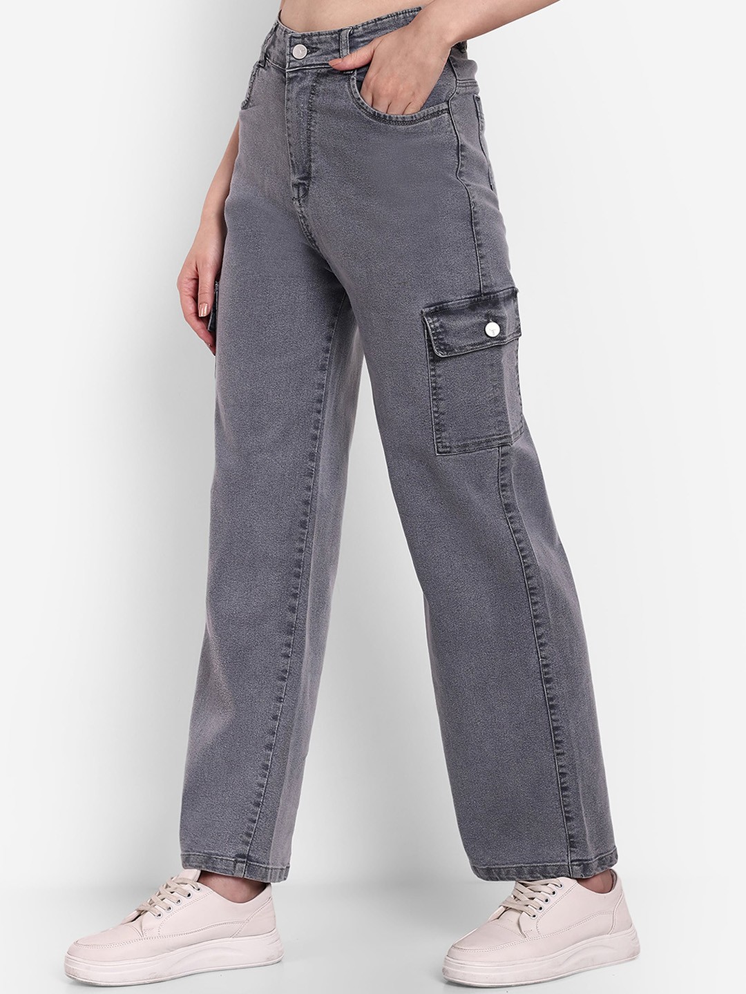 

BROADSTAR Women Smart Wide Leg High-Rise Heavy Fade Stretchable Cotton Jeans, Grey