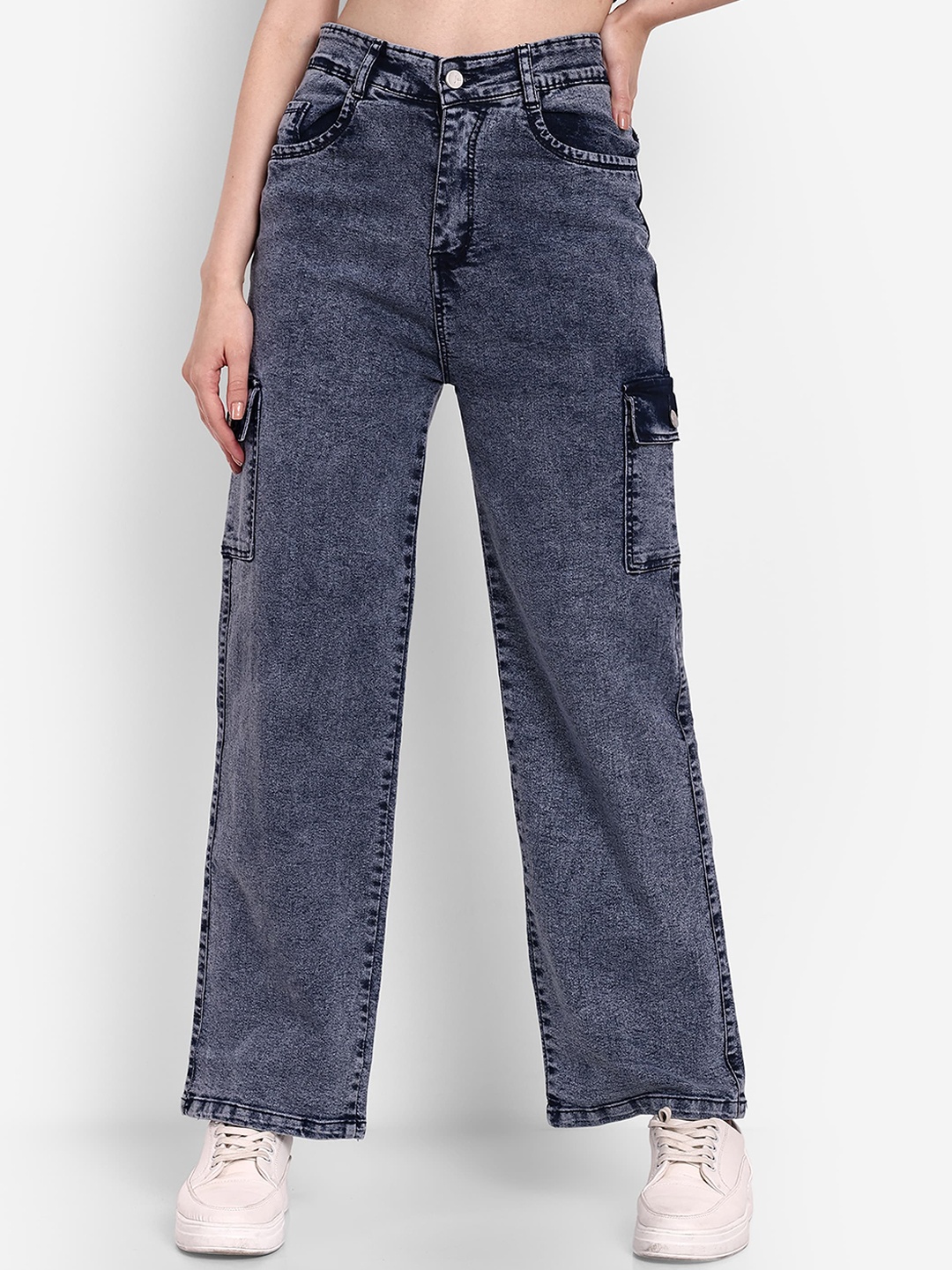 

BROADSTAR Women Smart Wide Leg High-Rise Heavy Fade Stretchable Cotton Jeans, Navy blue