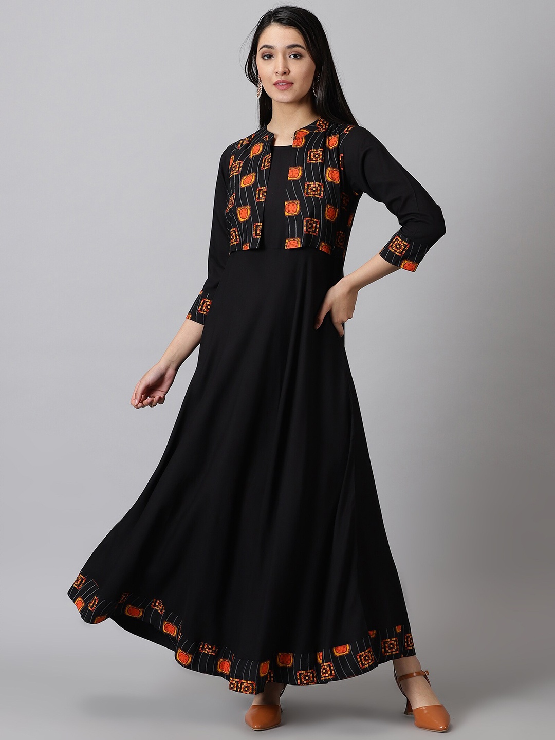 

PURSHOTTAM WALA Ethnic Printed Anarkali Kurta, Black