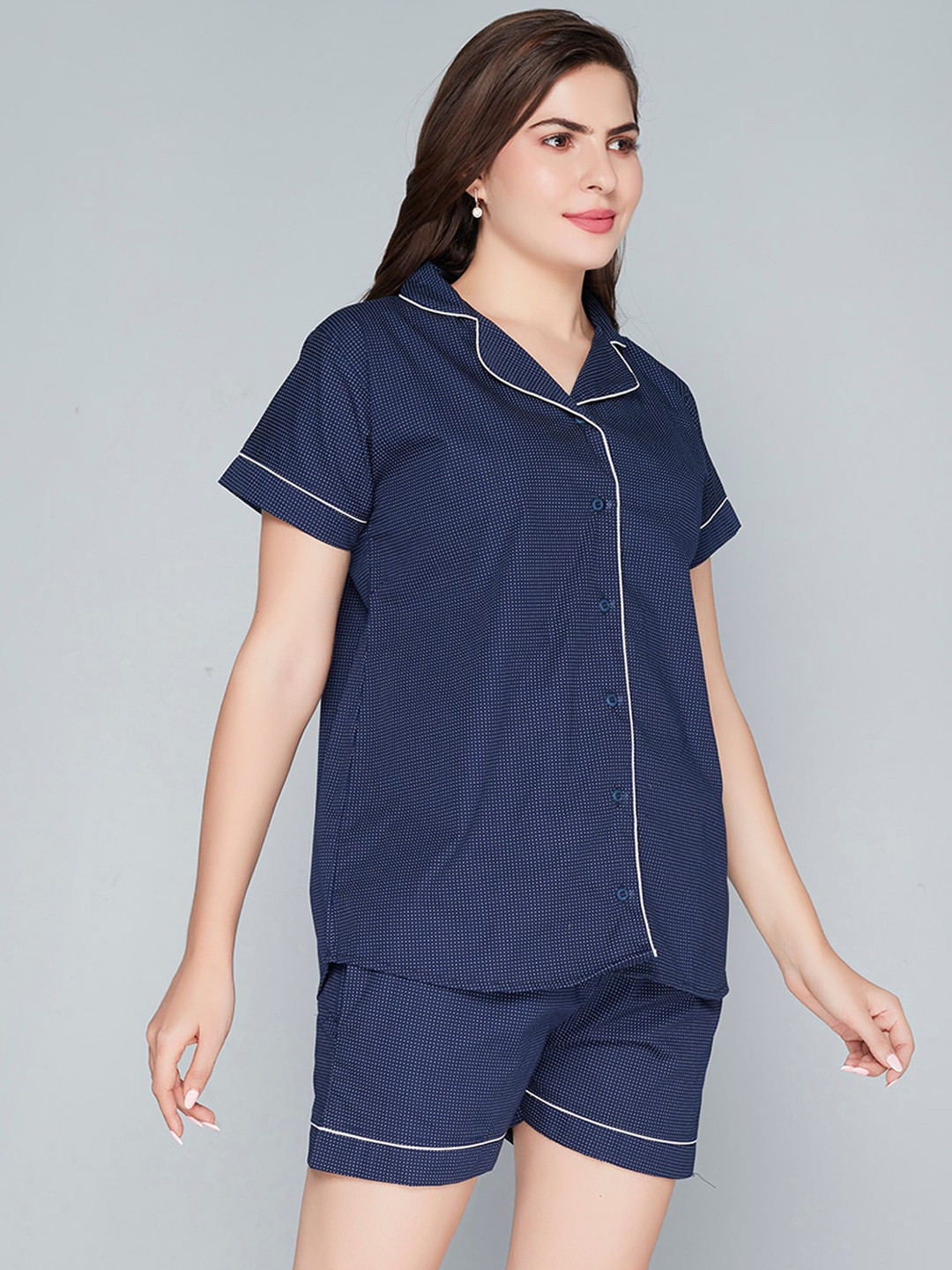 

Lady Love Checked Pure Cotton Night suit, Navy blue