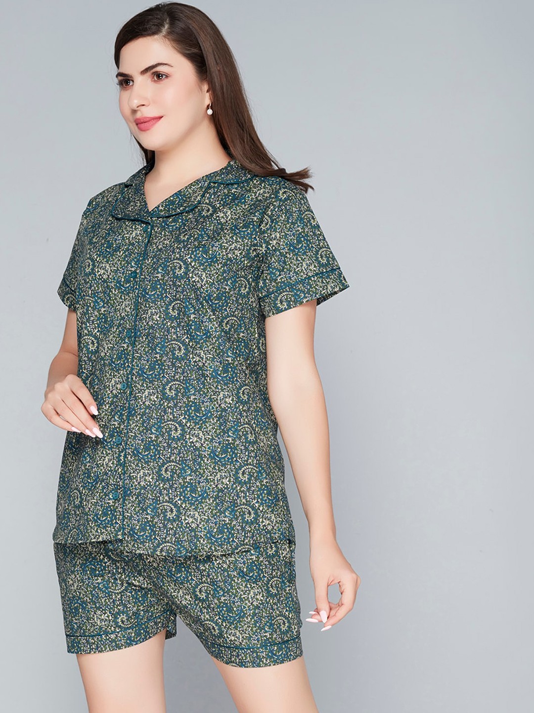

Lady Love Floral Printed Pure Cotton Night suit, Green