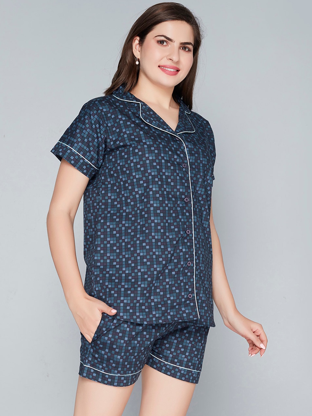 

Lady Love Checked Pure Cotton Night suit, Blue