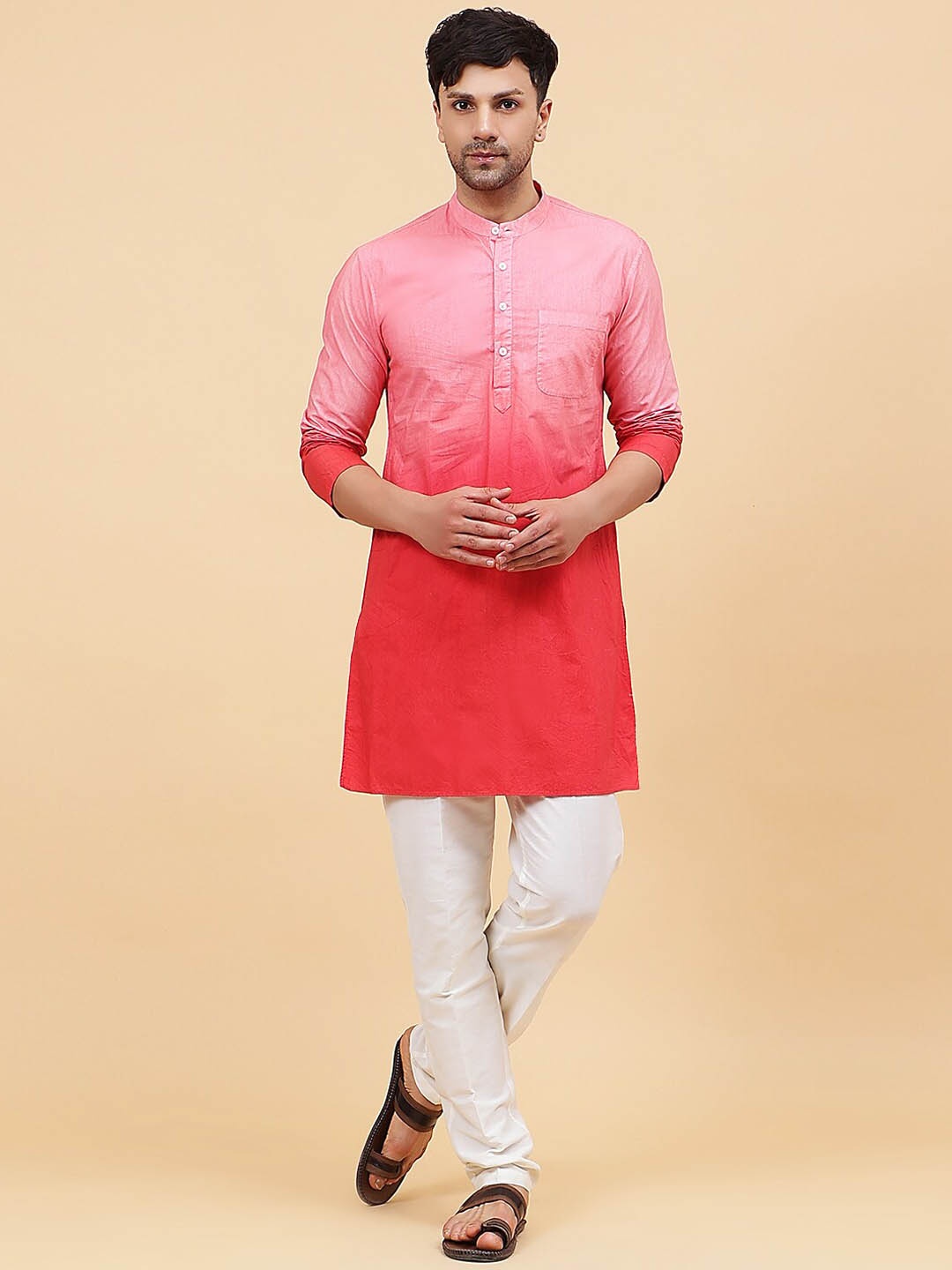

See Designs Ombre Dye Band Collar Straight Kurta, Pink