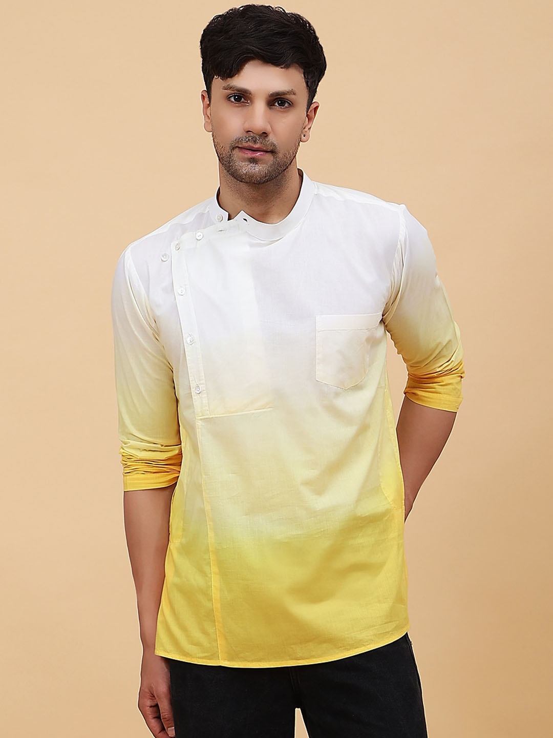 

See Designs Ombre Dye Mandarin Collar Straight Kurta, White