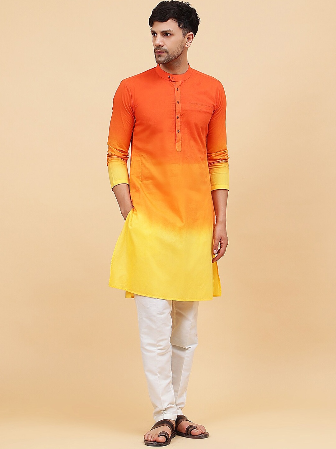 

See Designs Ombre Dye Band Collar Straight Kurta, Orange