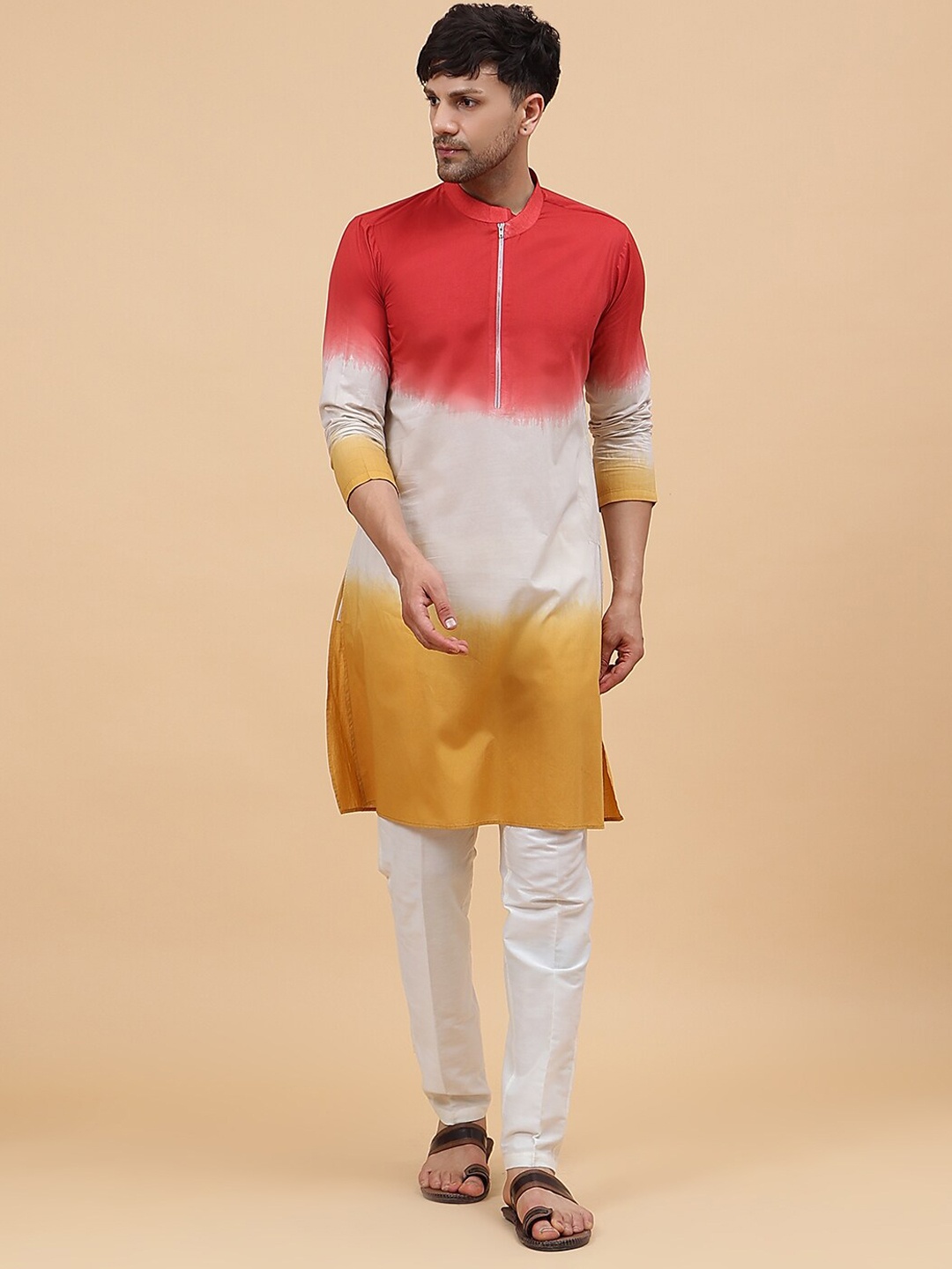 

See Designs Ombre Dye Mandarin Collar Straight Kurta, Orange