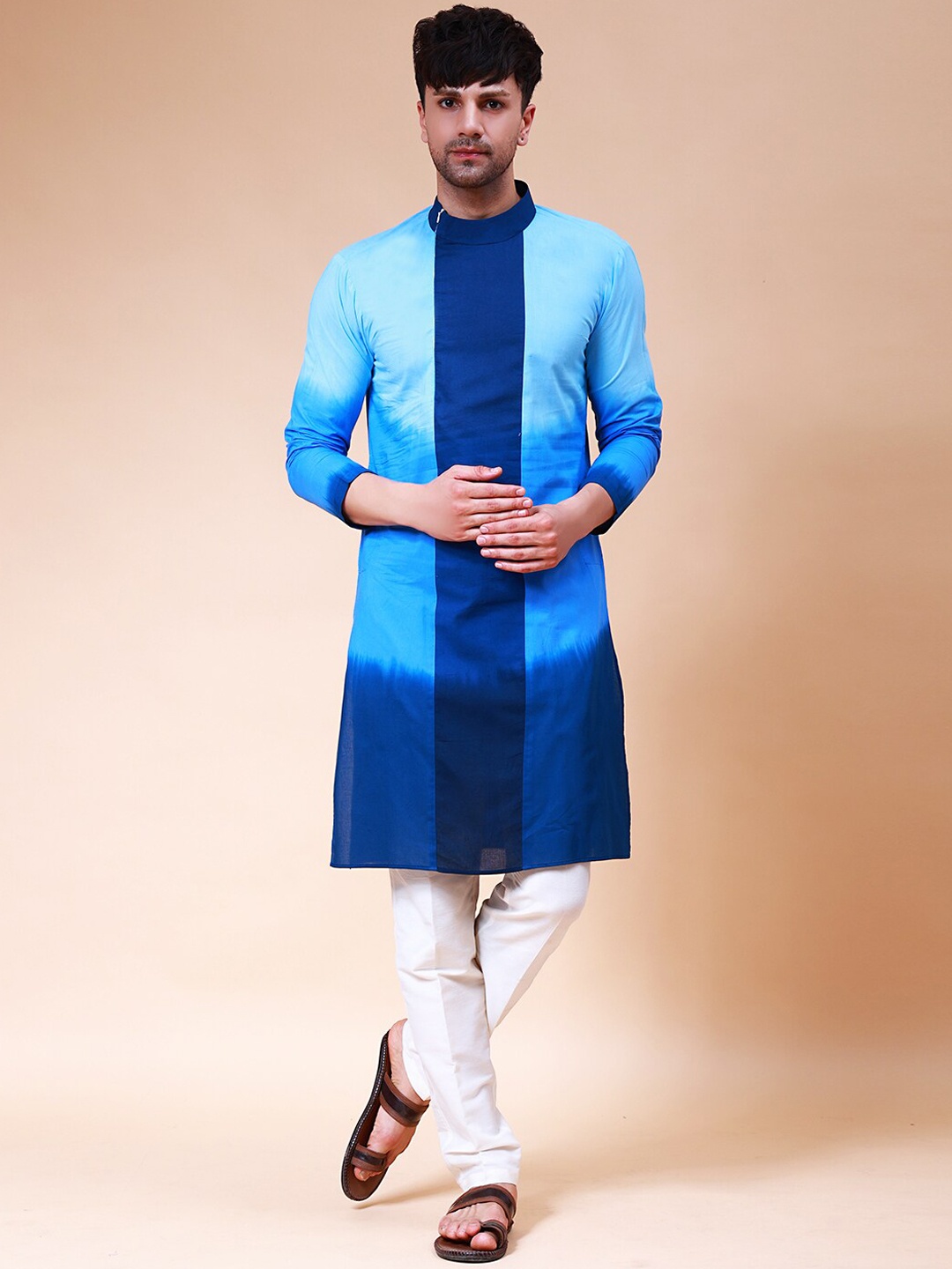 

See Designs Ombre Dye Mandarin Collar Straight Kurta, Blue