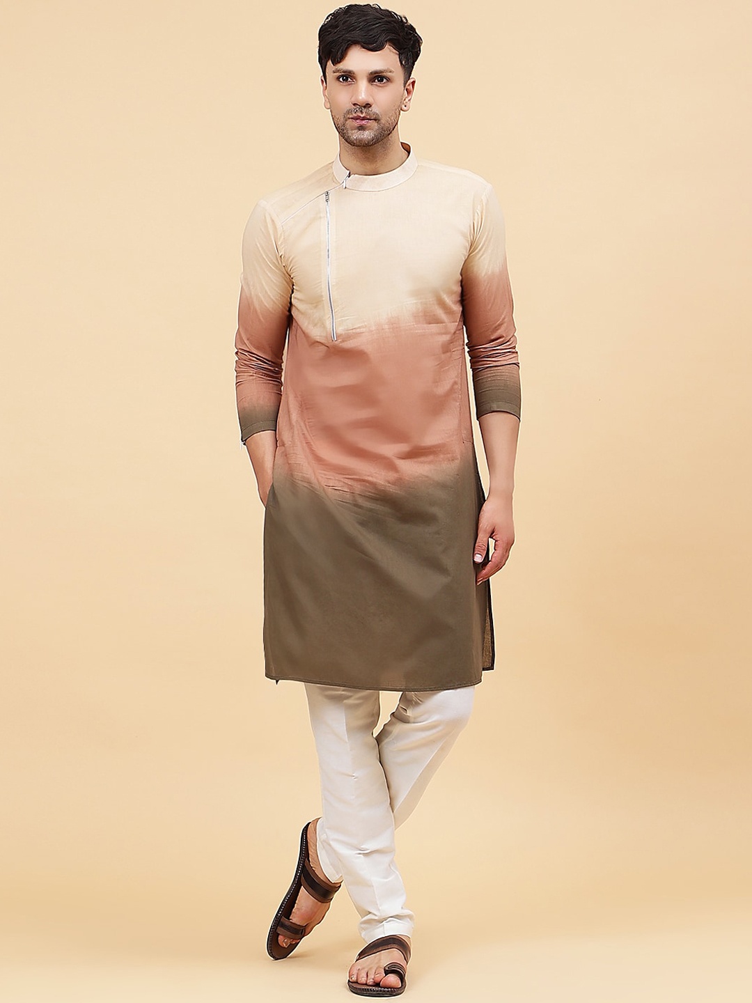 

See Designs Ombre Dye Band Collar Straight Kurta, Brown