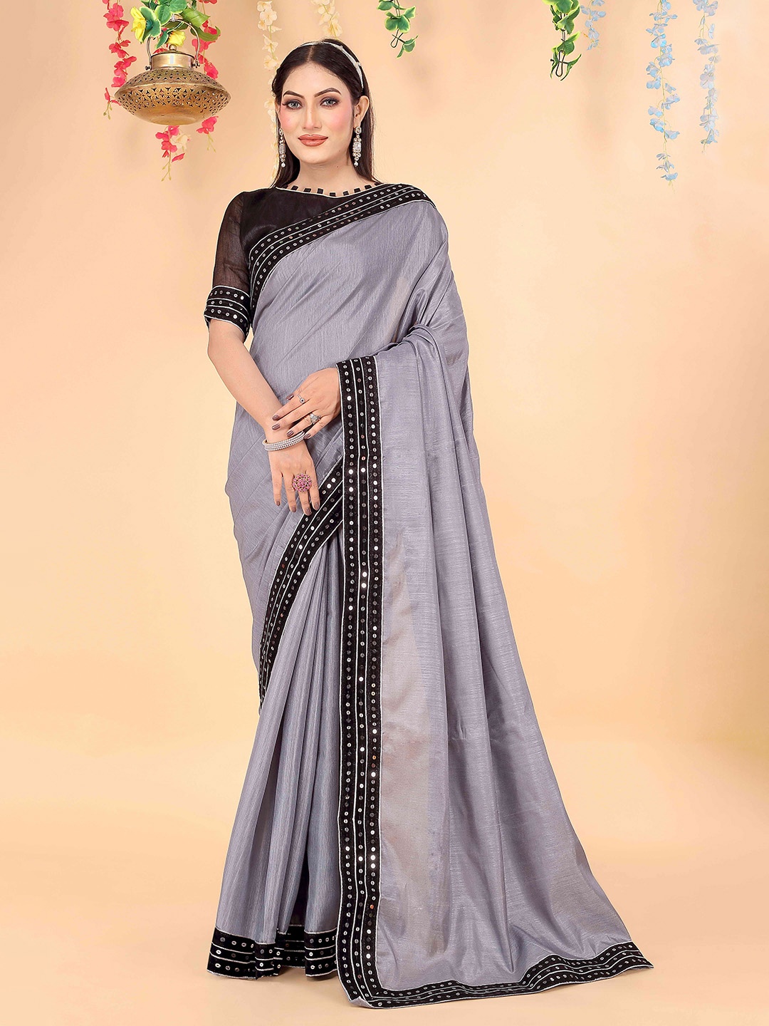 

Florence Sequinned Art Silk Saree, Grey
