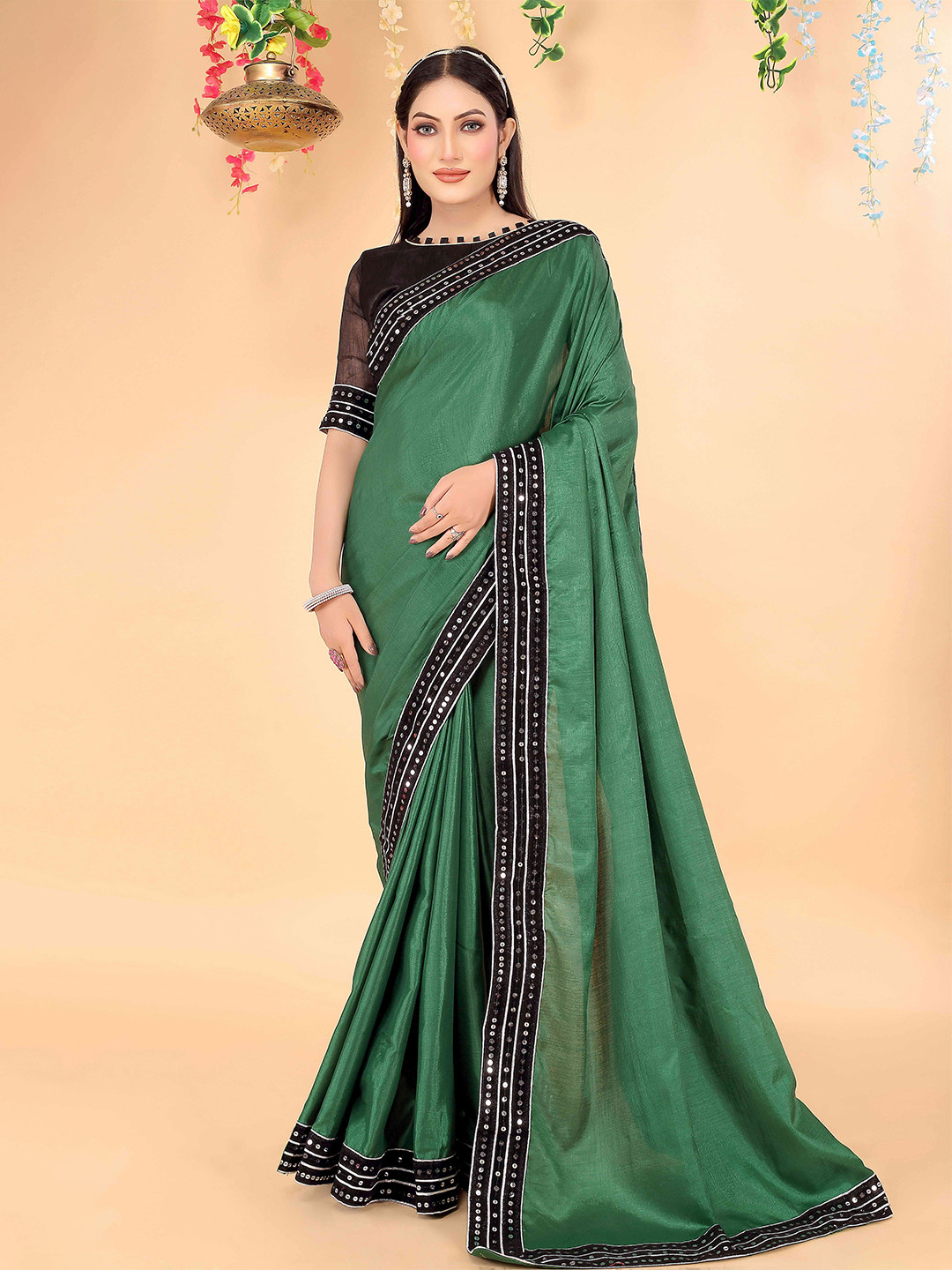 

Florence Sequinned Art Silk Saree, Green