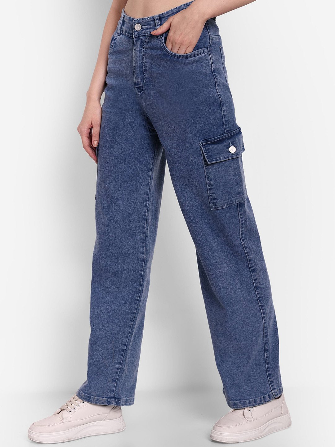

Next One Women Smart Loose Fit High-Rise Easy Wash Stretchable Cargo Jeans, Blue