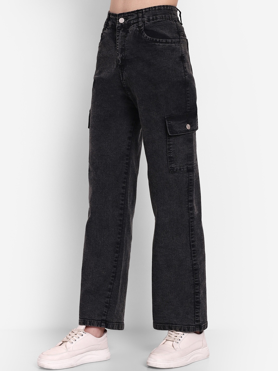 

Next One Women Black Smart Loose Fit High-Rise Easy Wash Cargo Jeans