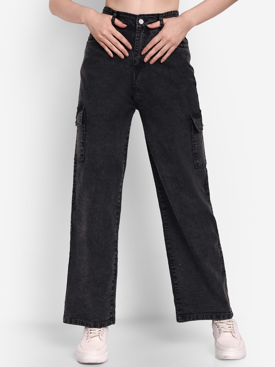 

Next One Women Smart Wide Leg High-Rise Mildly Distressed Stretchable Jeans, Black