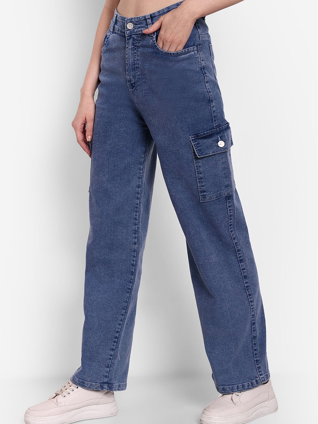 

Next One Women Smart Wide Leg High-Rise Stretchable Cotton Cargos, Blue