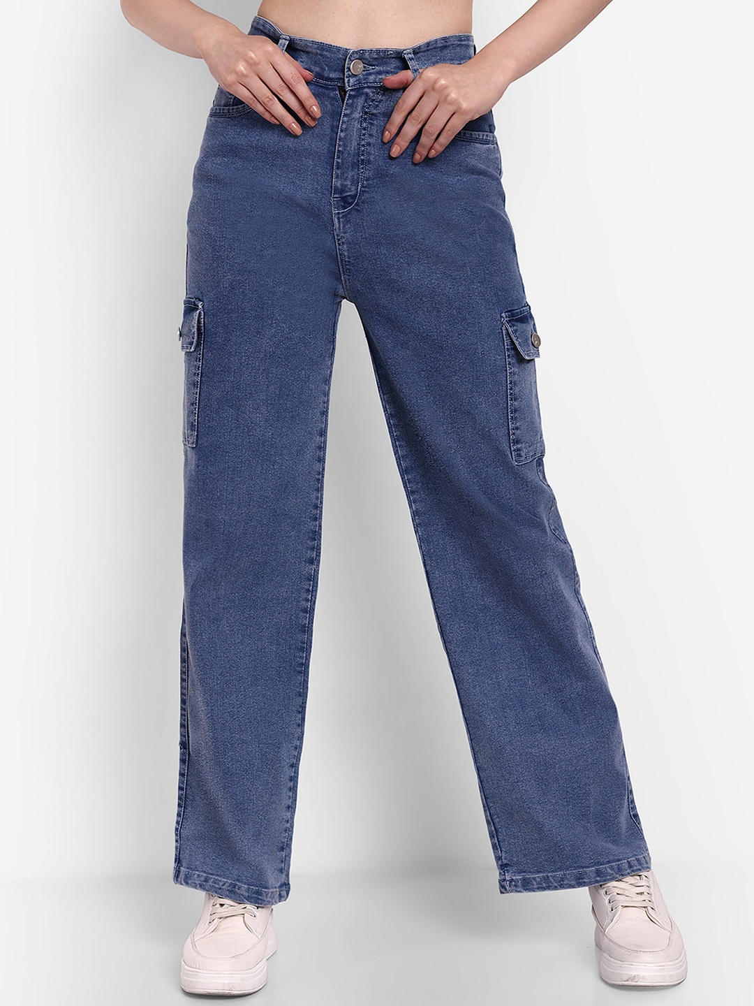 

Next One Women Smart Wide Leg High-Rise Low Distress Stretchable Cargos, Blue