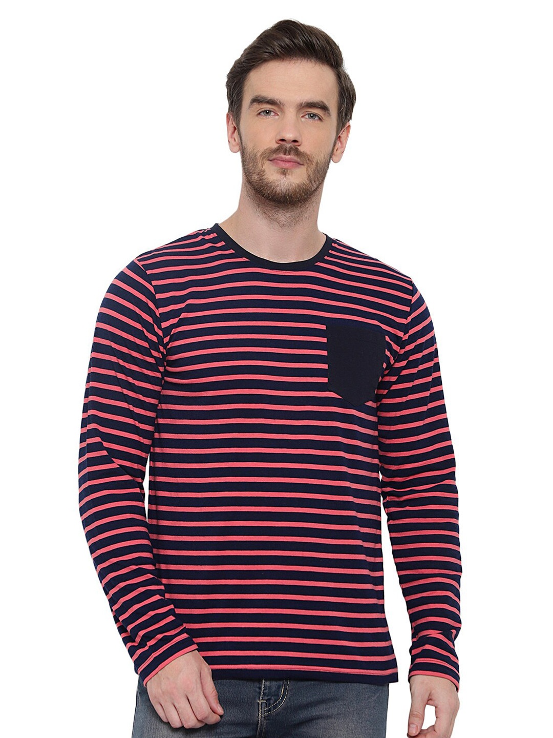 

GLITO Striped Round Neck Cotton T-shirt, Orange