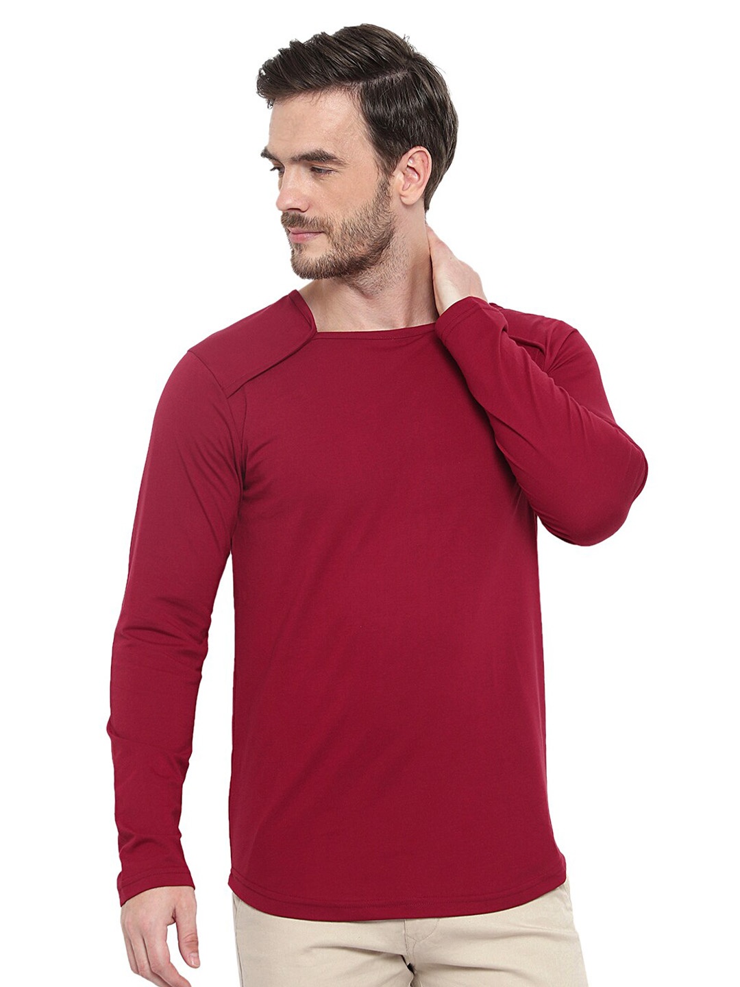 

GLITO Square Neck Long Sleeves Cotton T-shirt, Maroon