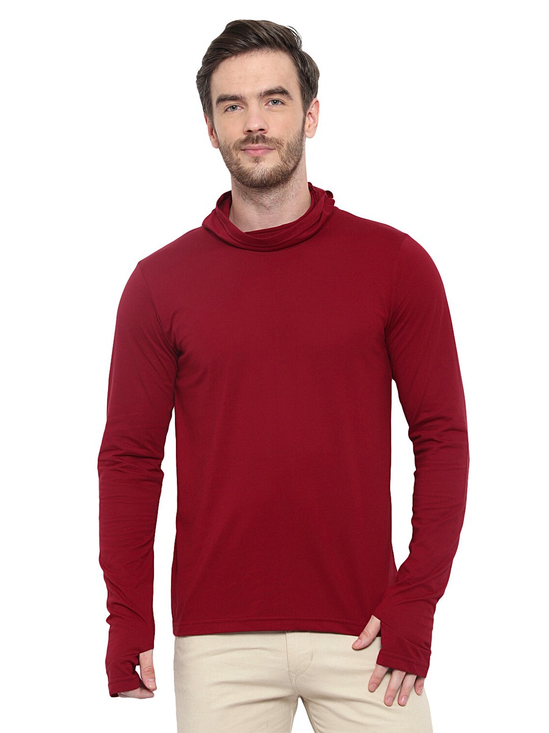 

GLITO High Neck Long Sleeves Cotton T-shirt, Maroon